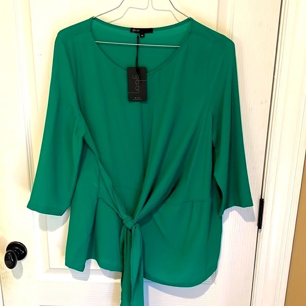 New Gibson Faux Wrap Blouse with tie Green Christmas green